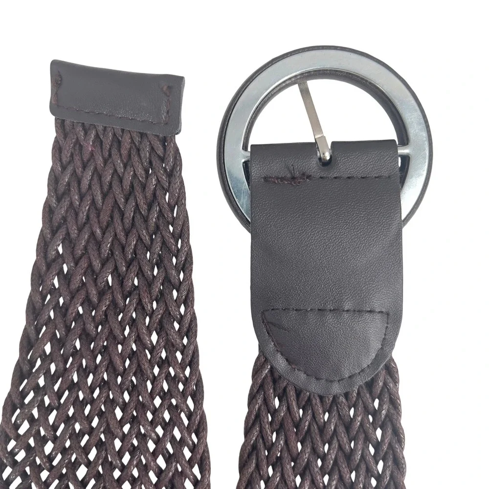 Womens‎ Woven Braided Belt Waxed Cord Brown Round Buckle Wide Waist 38in L